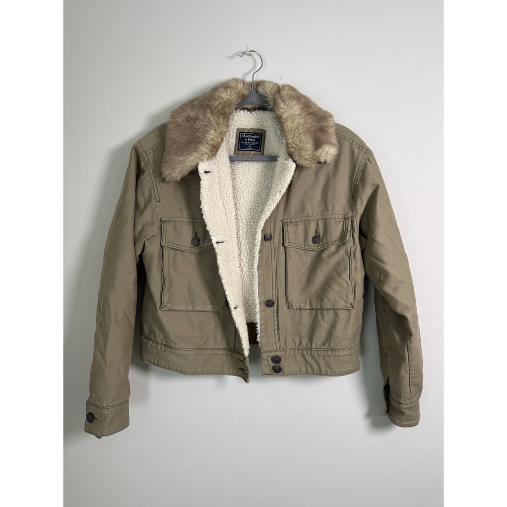 Abercrombie Fitch Sherpa Line Fur Collar Aviator Utility‎ Cropped Jacket Sz M